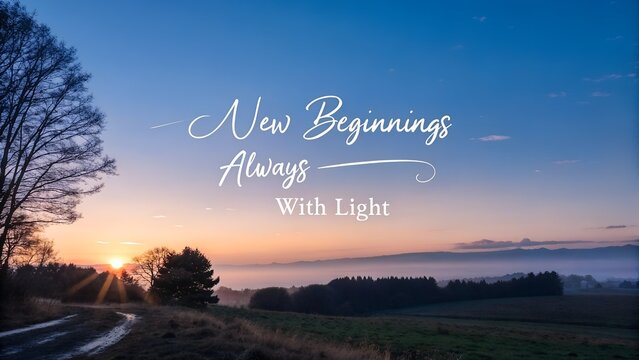 Inspirational Quote New Beginnings Always With Light Over a Serene Sunrise Landscape. - Powered by Adobe