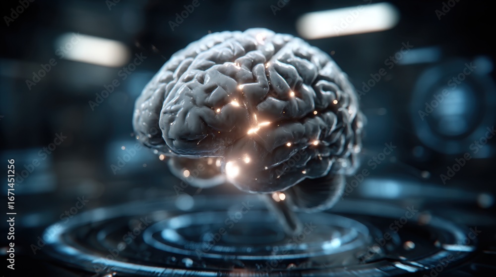 Poster exploring the intricacies of the human brain in a high-tech visual representation