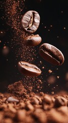 Coffee beans float in mid-air surrounded by ground coffee particles during an artistic composition