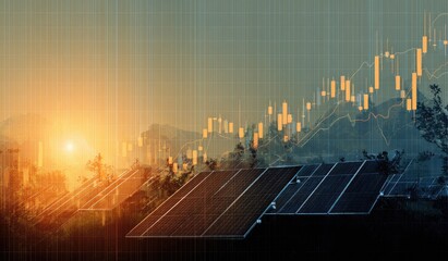 Solar panels in landscape, overlaid with stock market charts, sunrise