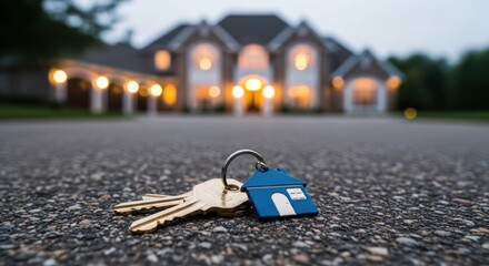 Keys to a new home lie on the asphalt in front of a large, illuminated house at dusk.