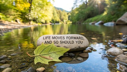 Inspirational quote on a river stone with a green leaf in a serene forest stream.
