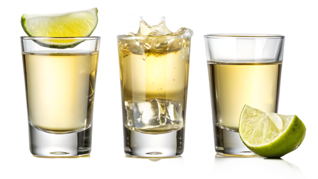 Three tequila shots with lime wedges and splash isolated on a transparent background