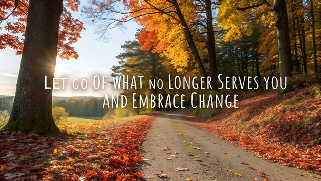 Inspirational Quote on a Scenic Autumn Forest Road at Sunset.