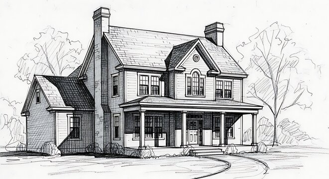 Hand-Drawn Architectural Sketch of a Traditional Family Home.
