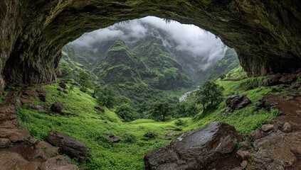 Lush valley view from a cave opening