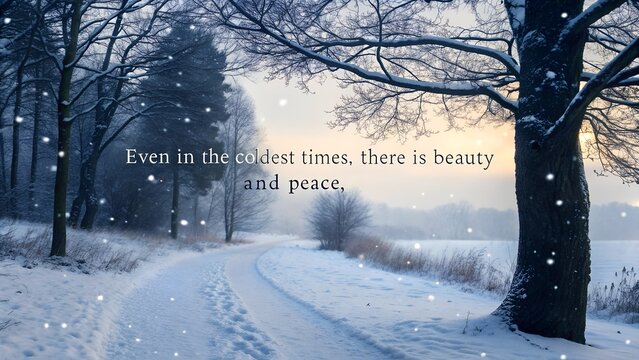 Inspirational Quote on a Serene Snowy Winter Path at Sunrise.