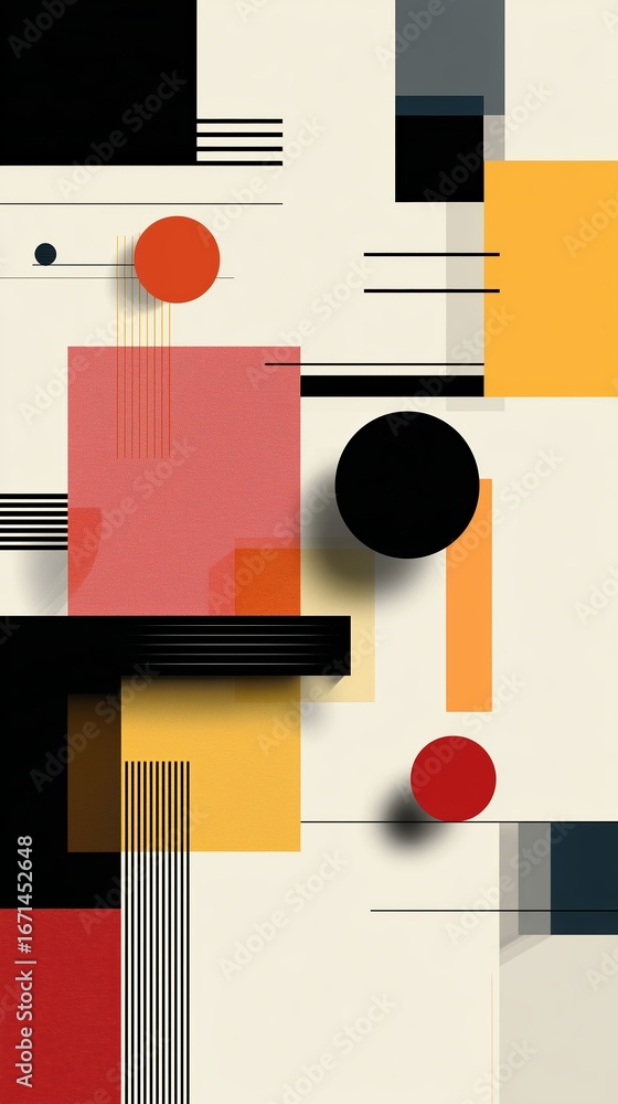 Poster modern abstract design featuring geometric shapes in bold colors and contrasting lines on a light ba