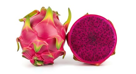 Two dragon fruits, one whole and one sliced in half, showing the vibrant pink flesh and black seeds, isolated on a white background.