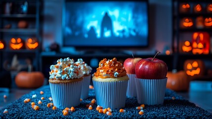 Halloween movie night setup with popcorn buckets candy corn caramel apples and themed cupcakes with a TV showing a classic spooky film