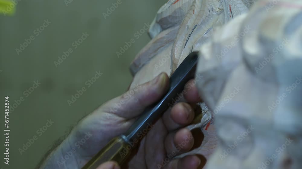 Poster close up of a skilled artisan's hands meticulously carving intricate details into a wooden sculpture