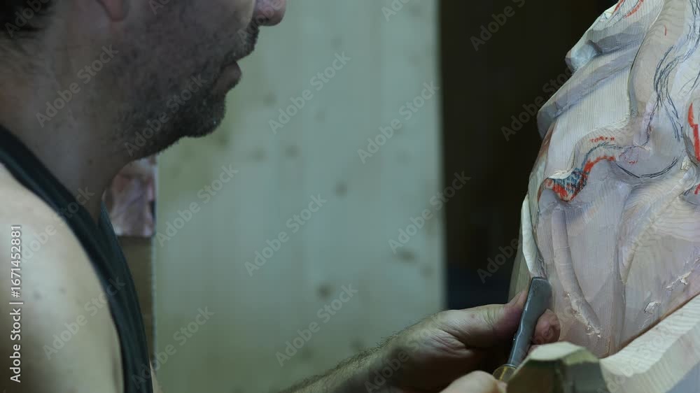 Poster close-up of a craftsman carving intricate details into a wooden sculpture using a chisel, showing pr