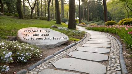 Inspirational Quote on a Stone by a Winding Path in a Serene Garden.