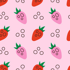 Strawberry with Bubbles Seamless Pattern. Modern playful Fruit background with hand drawn berries in flat doodle style. Food and Drink Product Design. Vector illustration
