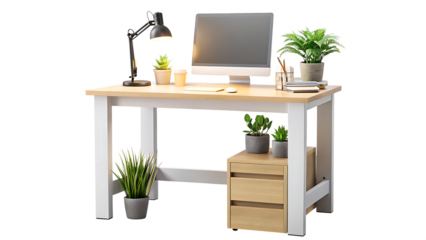 Wooden desk with computer and plants isolated on a transparent background workstation