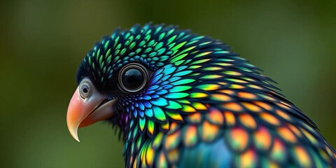 Obraz premium Intricate iridescent plumage of a greater lophorina, sharp focus on feathers, blurred background, feather, shiny