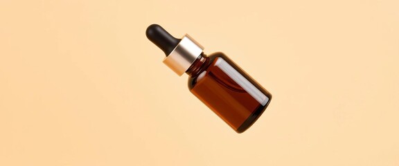 Brown glass dropper bottle levitates against a beige background Minimal skincare concept,   air,   empty