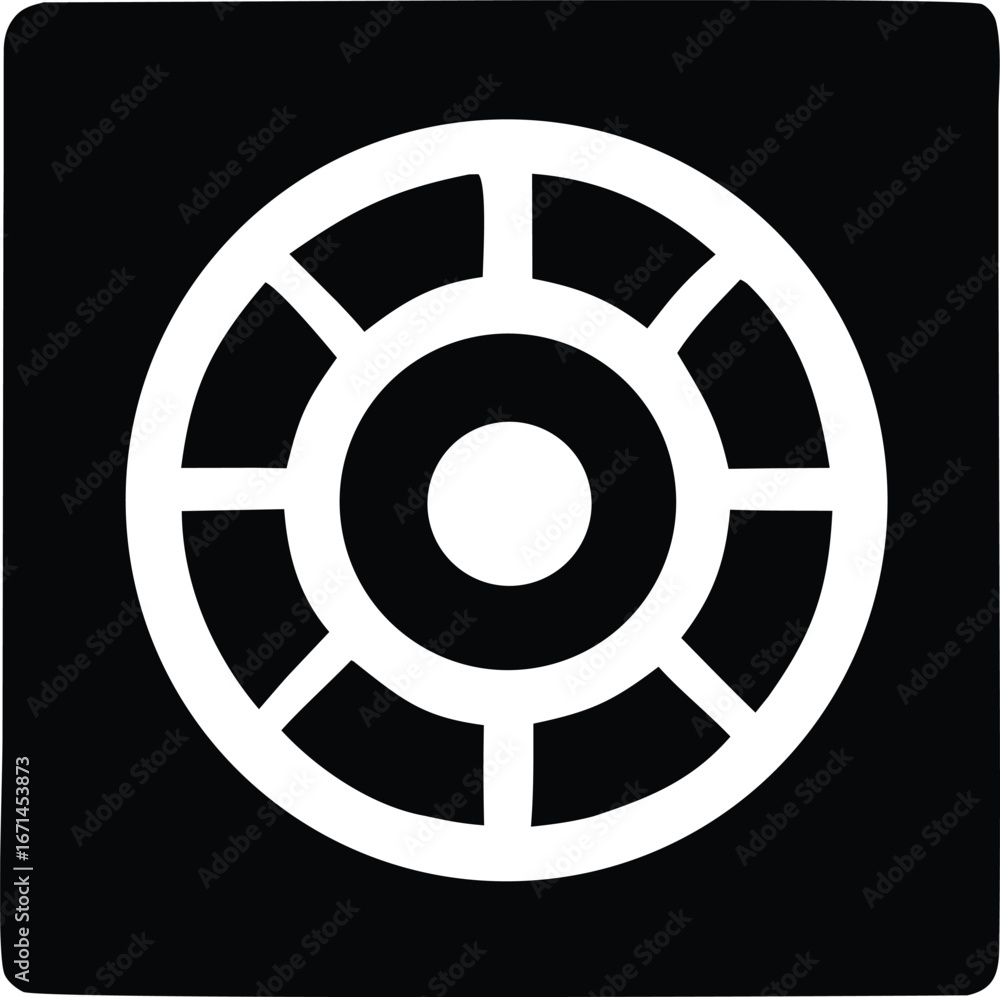 Poster abstract geometric symbol with concentric circles and radial spokes on a square canvas for modern de