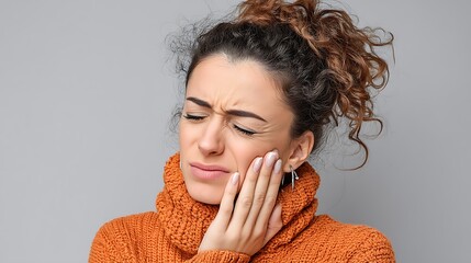 Young woman holding her jaw in pain, experiencing toothache discomfort, highlighting health-related issues.