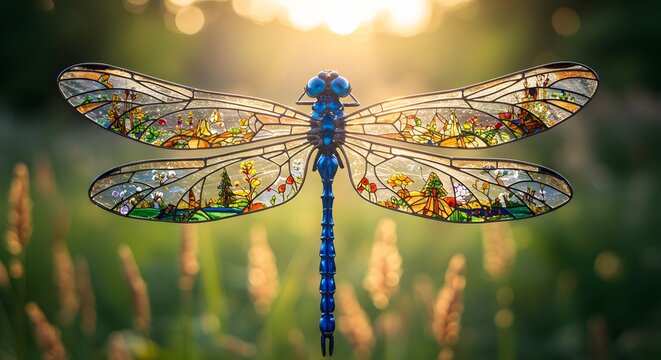 Ornate Blue Dragonfly with Stained Glass Wings in Sunny Field - Powered by Adobe