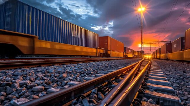 The scene captures freight train cars moving along railroad tracks at dusk, an illustration of cargo transportation and industrial activity.