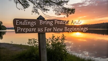 Inspirational Quote on a Wooden Sign by a Lake at Sunset.