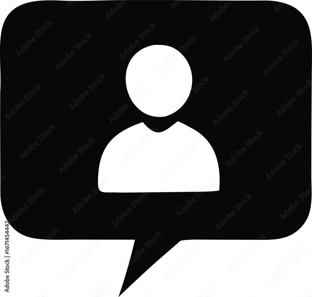 Poster simple black and white icon representing a user profile within a speech bubble for communication and