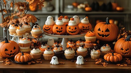 Halloween party table filled with candy apples pumpkin shaped cookies and ghost themed cupcakes surrounded by spooky decorations and carved pumpkins