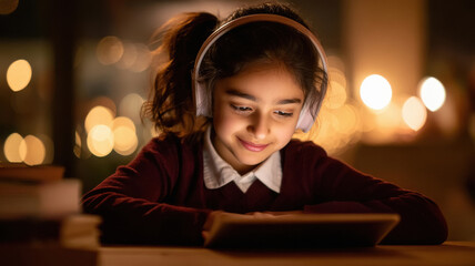 teenage indian girl looking tablet with headphones in living room at night