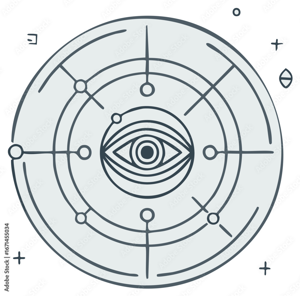 Poster abstract circular diagram with an all-seeing eye motif and interconnected nodes