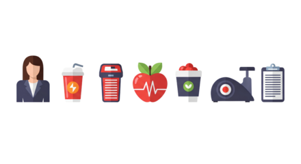 Flat vector illustration of health and fitness elements on a black background in a linear arrangement