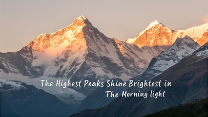 Inspirational quote over a stunning sunrise on snowy mountain peaks.