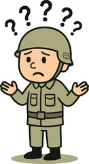 Cartoon soldier character confused expression, army man in uniform shrugging with question marks, military illustration vector, puzzled war concept design.