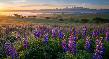 Fototapeta premium Sunrise over a Lupine Meadow with Misty Mountains.