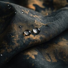 Close-up of dark fabric with gold splatter and water droplets