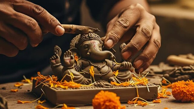 Artisan sculpting eco friendly ganesha idol for ganesh chaturthi celebrating ganpati bappa morya with devotion