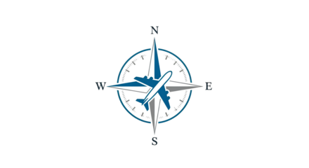 A graphic of a compass rose with an airplane silhouette in the center on a black background design