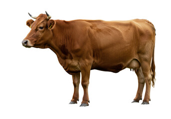 Isolated dairy cow with brown fur standing still in profile for milk production needs