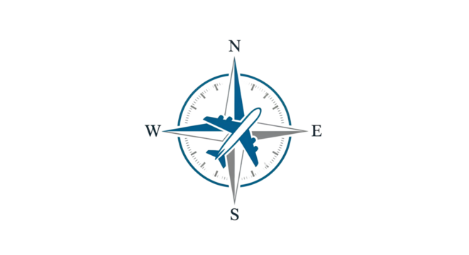 A graphic of a compass rose with an airplane silhouette in the center on a black background design