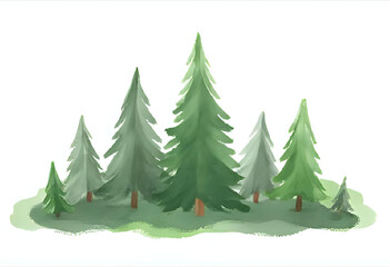 multiple watercolor coniferous trees isolated on a transparent background