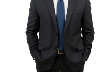 Isolated torso of male in dark suit with hands in pockets, business attire on no backdrop