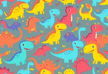 Adorable cartoon dinosaurs in playful repeating pattern Vibrant colors, perfect for kids ,  happy,  cute