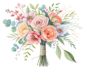 watercolor flowers and wedding bouquet isolated on white background ,PNG. AI Generated.