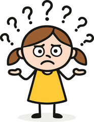 Confused cartoon girl with pigtails, question marks around head, puzzled child expression illustration, comic character showing doubt, confusion, uncertainty.