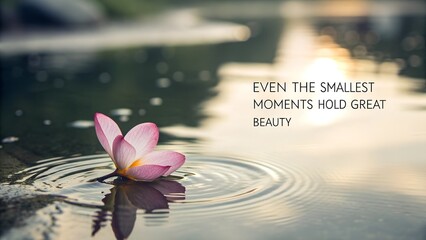 Inspirational quote with a serene plumeria flower on water.