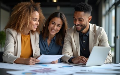 Fototapeta premium Happy multiracial millennial colleagues discussing company financial statistics at briefing in office, employees brainstorming analyzing growing sales, developing success strategies, reading reports