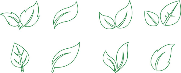 Leaf line art icon set.Leaf sprout icon vector, green leaves plant eco logo symbol simple graphic illustration, vegan fresh herb pictogram shape sign, organic natural healthy logotype.
