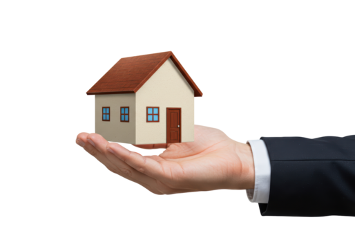 Isolated real estate investor holding tiny house in hand, representing property buying - Powered by Adobe