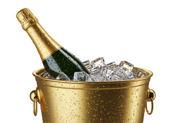 Isolated bottle of chilled champagne in a bucket with ice cubes ready for party or celebration