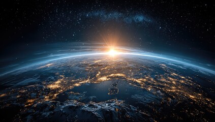 Earth's sunrise from space, detailed view of continents